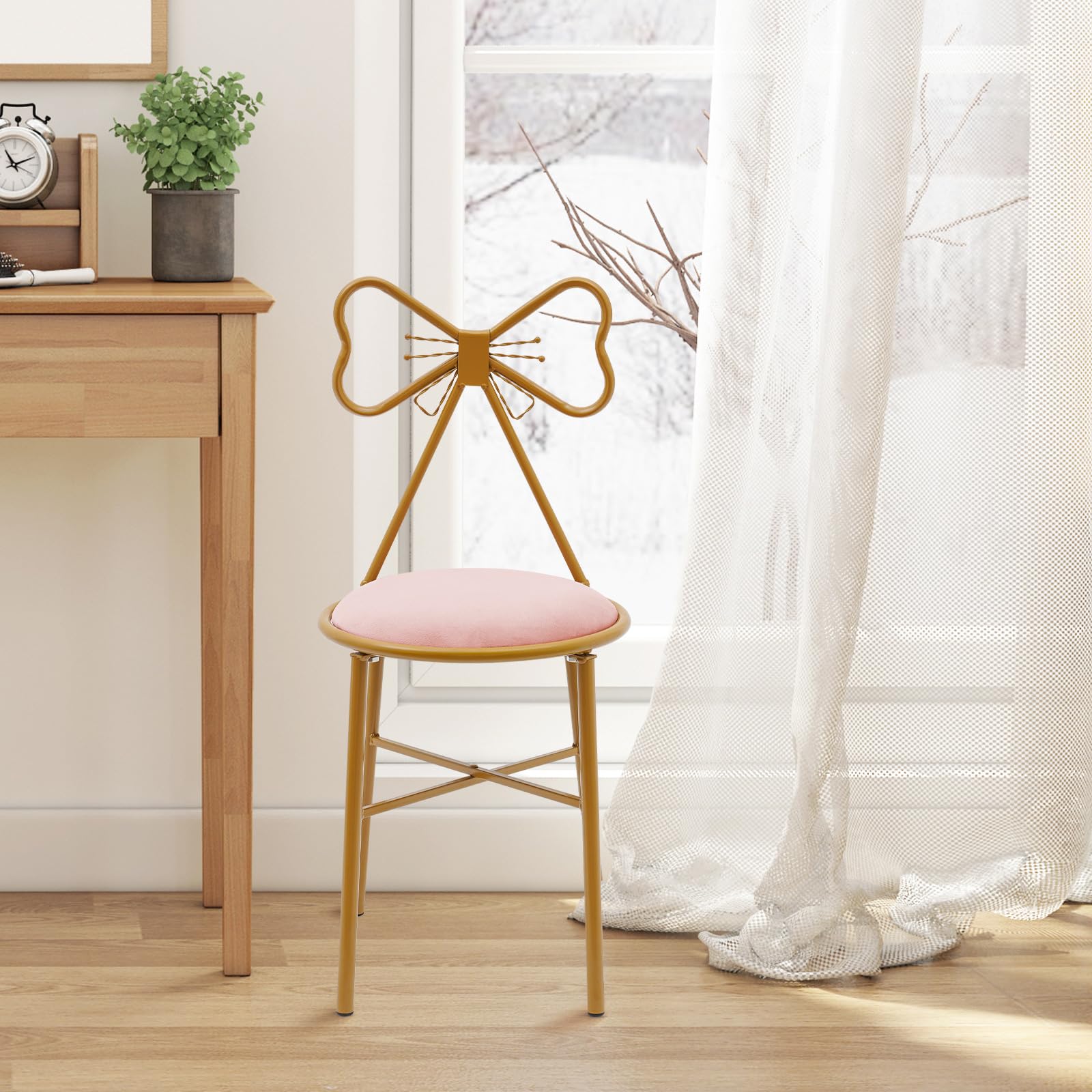 Modern Stylish Pink Bow Shaped Backrest Princess Chair Girls Ladies Creative Makeup Stool with Golden Frame for Indoor Decor Bedroom Coffee Shop