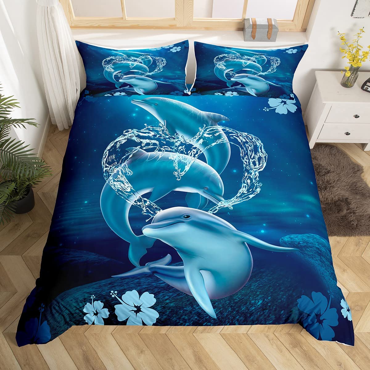 3D Dolphin Print Bedding Set,Moonlight at Night Comforter Cover Set for Teens Women Room Decor,Sea Animals Duvet Cover Breathable Dolphin Jumping Bedspread Cover Full Size,Blue(No Comforter)