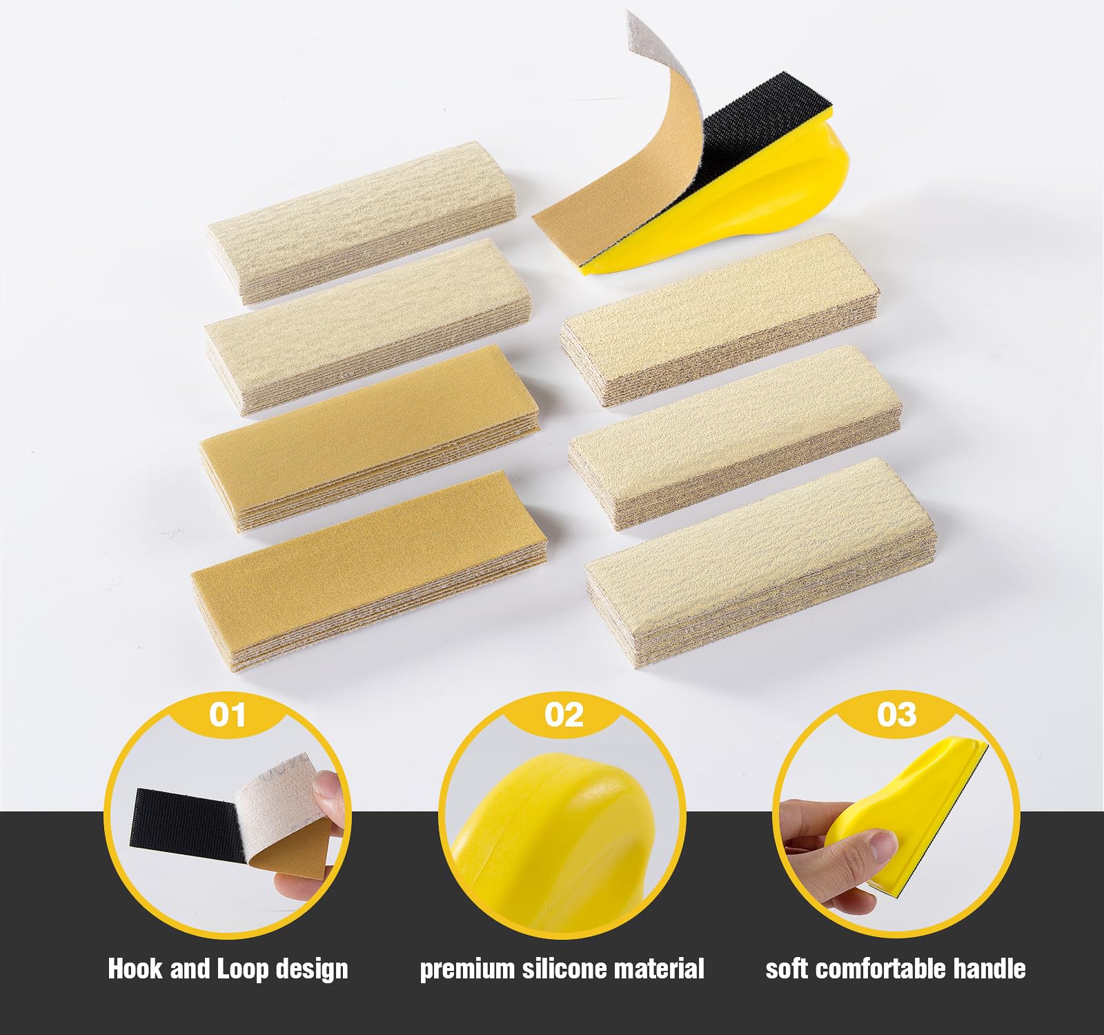 S SATC Micro Hand Sanding Block Kit 3.5”x1.1”x1.8”Hand Sanding Block and 70 PCS Sandpaper Sheets 10 Each 80/120/150/180/220/240/400 Grit Wood Woodworking, Small Detail Finishing Sander