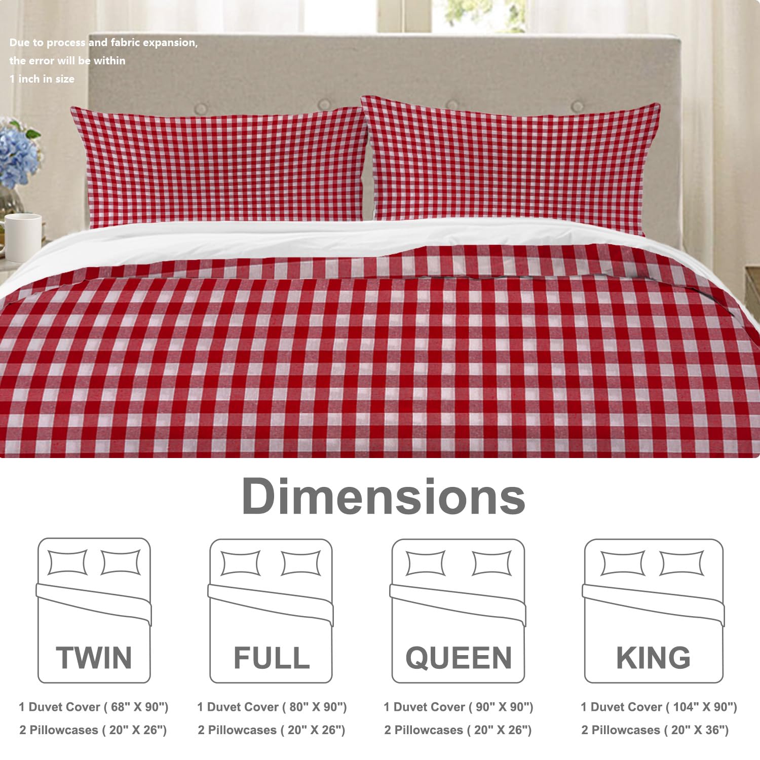 BaoNews Red White Checkered Duvet Cover Set Full Size,3 Pieces Square Red and White Gingham Bedding Set Hotel Quality PolyesterComforter Cover Set with 2 Pillowcases(No Filler)