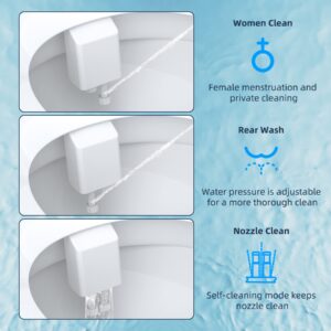 Hibbent Bidet Attachment for Toilet, Non-Electric Dual Nozzle for Frontal & Rear Wash, Adjustable Water Pressure Control, Fresh Water Bidet Toilet Seat, Self Cleaning Water Sprayer, White/Chrome