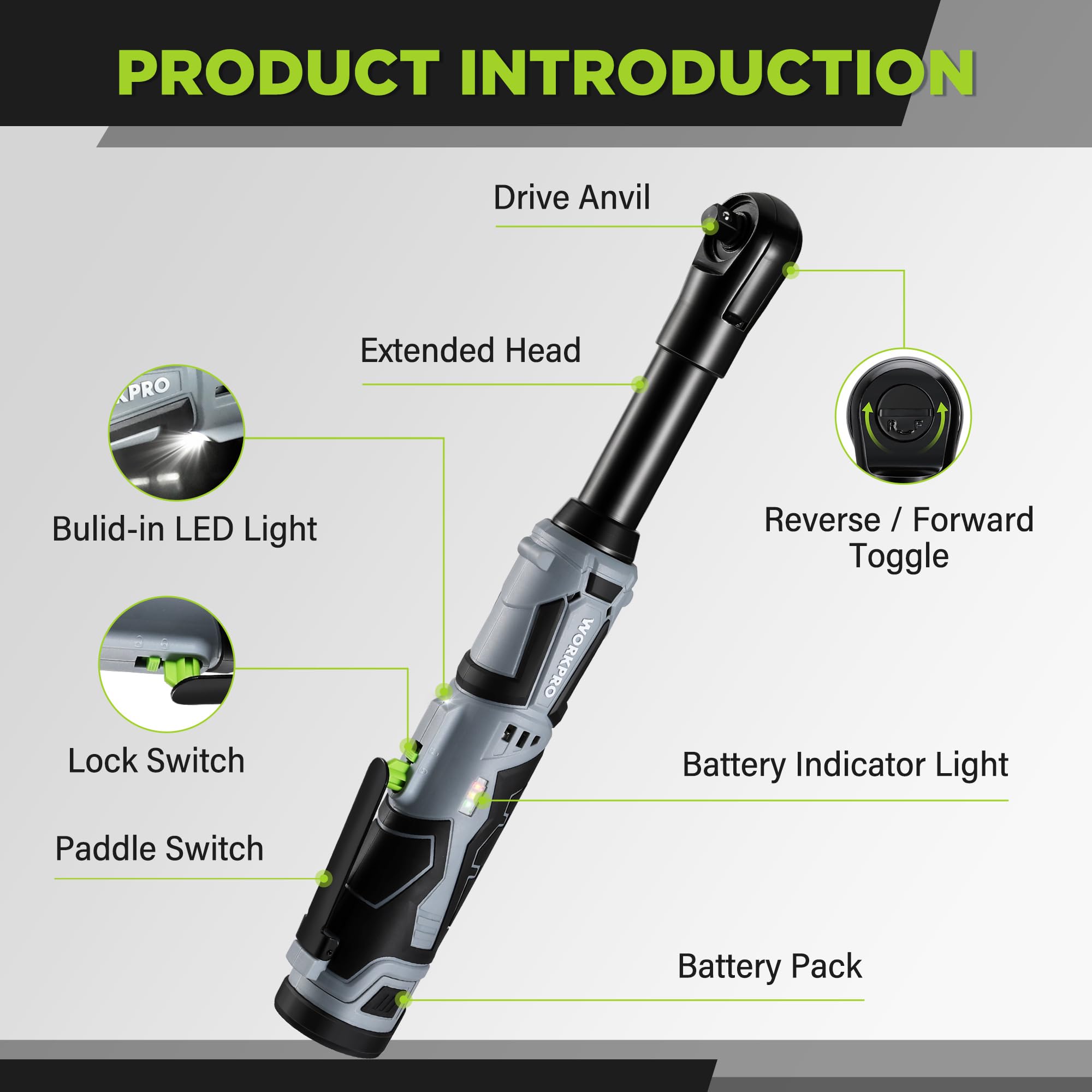 WORKPRO 12V 40 Ft-lbs Power Ratchet Wrench Kit with 10-Piece Socket Accessory Set, 1-Hour Fast Charger, 2.0Ah Lithium-Ion Batteries