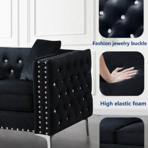 Velvet Sofa for Living Room,82.3" Jeweled Buttons Tufted Square Arm Couch,Modern Couch Upholstered Button and Metal Legs,Sofa Couch with 2 Pillows for Bedroom (Black+Velvet, 82.3 L*32.3 W*29.1 H)