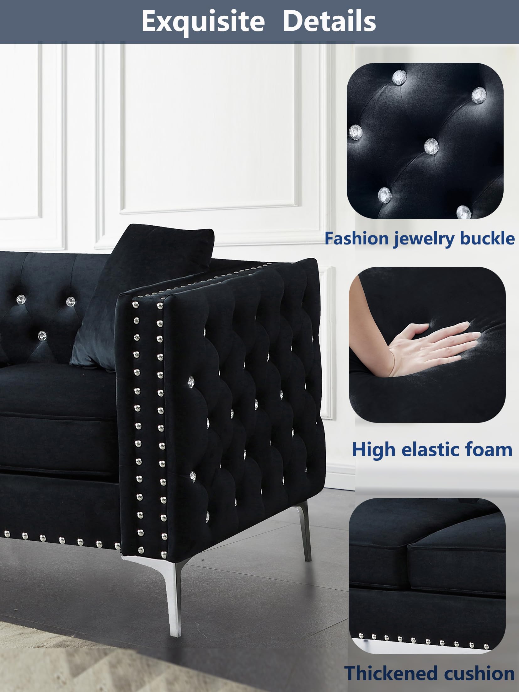 Velvet Sofa for Living Room,82.3" Jeweled Buttons Tufted Square Arm Couch,Modern Couch Upholstered Button and Metal Legs,Sofa Couch with 2 Pillows for Bedroom (Black+Velvet, 82.3 L*32.3 W*29.1 H)