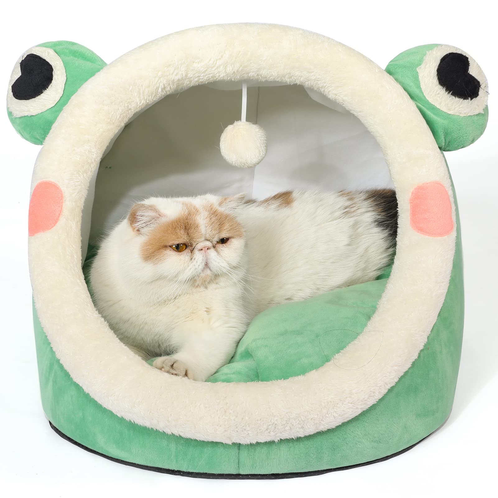 Jiupety Cute Cat Bed, Indoor Lovely Crystal Velvet Igloo for Cat and Small Dog, Warm Cave Sleeping Nest Bed for Puppy and Kitten, Green Frog, L.