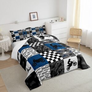 Castle Fairy,Dirt Bike Comforter Set Twin Size Black Grey Blue Motocross Rider Bedding Set Kids Boys Teens Men Racing Themed Patchwork Grid Quilt Set Fashion Motorcycle Silhouette Duvet Insert 2pcs