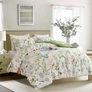 Nanko King Size Duvet Cover Set, Green Floral/Flower Leaf Bird Print Pattern, 3pc 104x90 Microfiber Comforter Quilt Bedding Cover with Zip Ties - Spring Modern Farmhouse for Men and Women Teen Girl