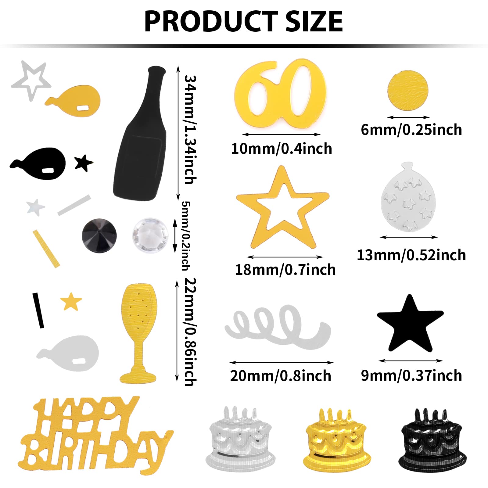 3000 Pieces Happy Birthday Confetti Number 60 Confetti Birthday Cake Confetti Table Scatter Confetti, Black Gold Silver Party Decorations Supplies for Birthday Anniversary (60th Style)