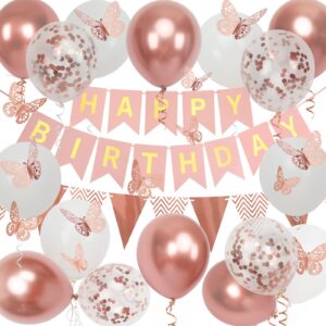 rose gold birthday decorations for women, happy birthday banner for girls' party decorations with balloons, pennant banner flags and rose gold butterfly decorations