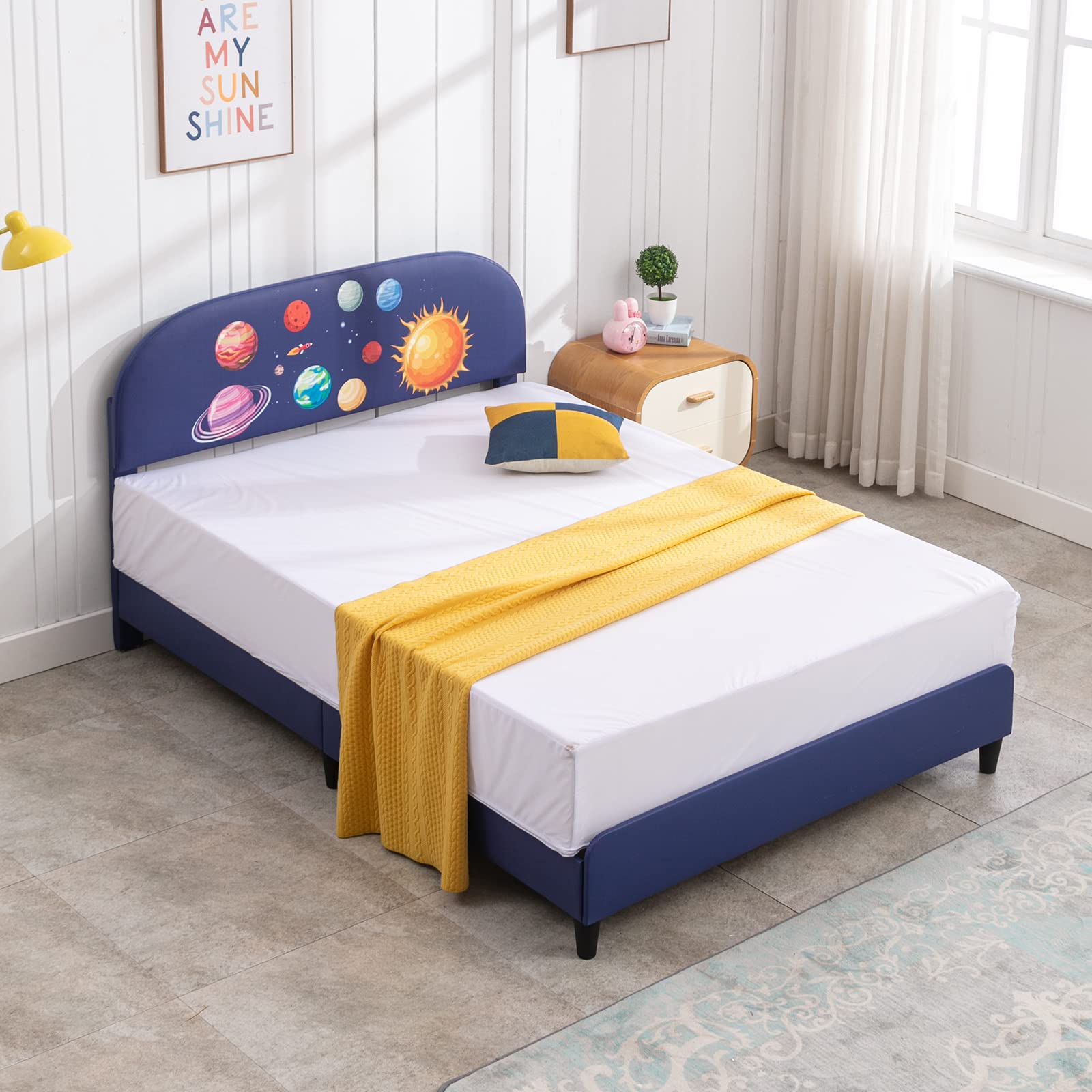 Mixoy Twin Size Kids Bed Frame, Faux Leather Upholstered Platform Bed Frame with Curved Headboard, Blue Bed Frame for Children (Twin, Space)