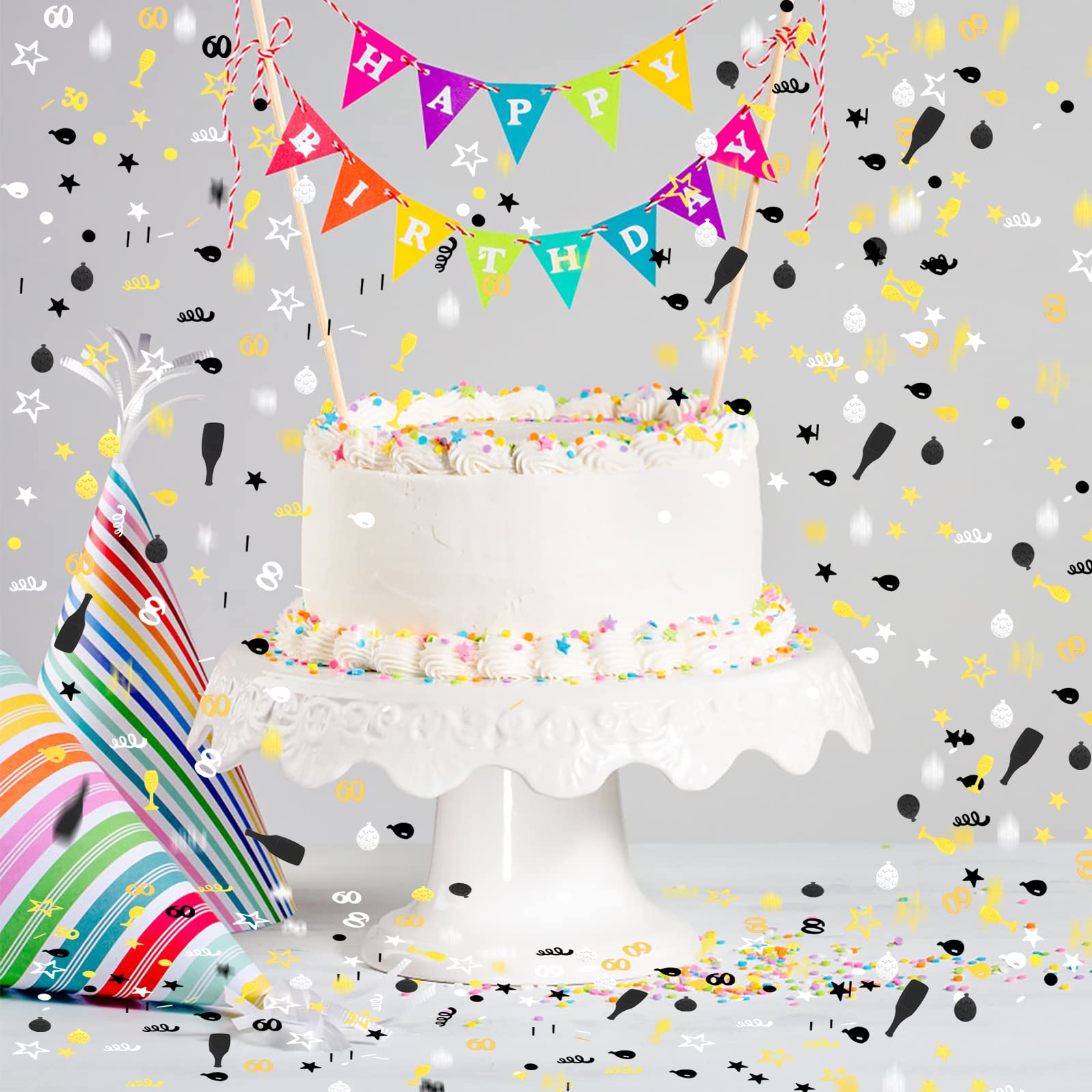 3000 Pieces Happy Birthday Confetti Number 60 Confetti Birthday Cake Confetti Table Scatter Confetti, Black Gold Silver Party Decorations Supplies for Birthday Anniversary (60th Style)