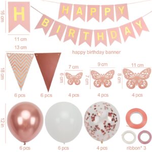 Rose Gold Birthday Decorations for Women, Happy Birthday Banner for Girls' Party Decorations with Balloons, Pennant Banner Flags and Rose Gold Butterfly Decorations