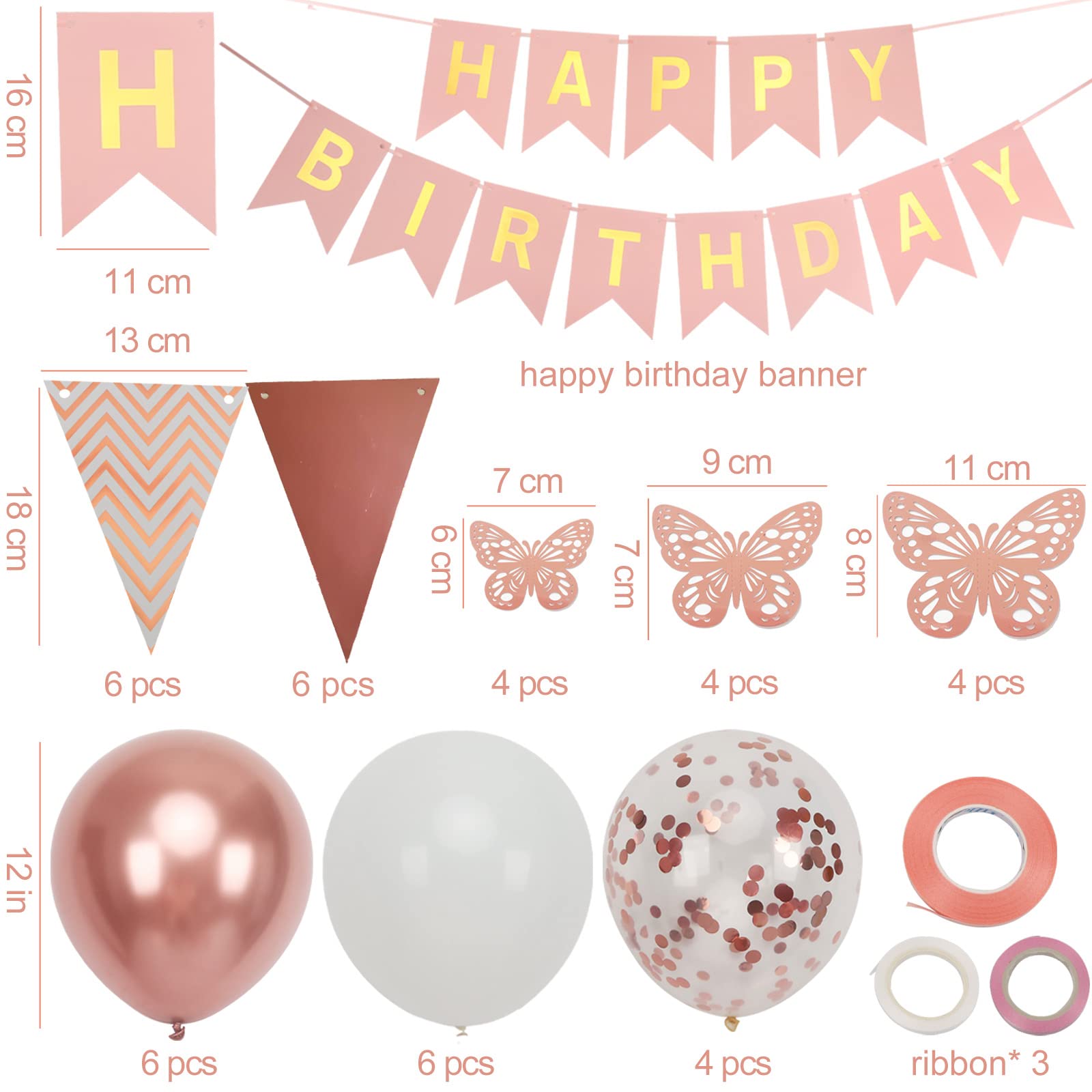 Rose Gold Birthday Decorations for Women, Happy Birthday Banner for Girls' Party Decorations with Balloons, Pennant Banner Flags and Rose Gold Butterfly Decorations