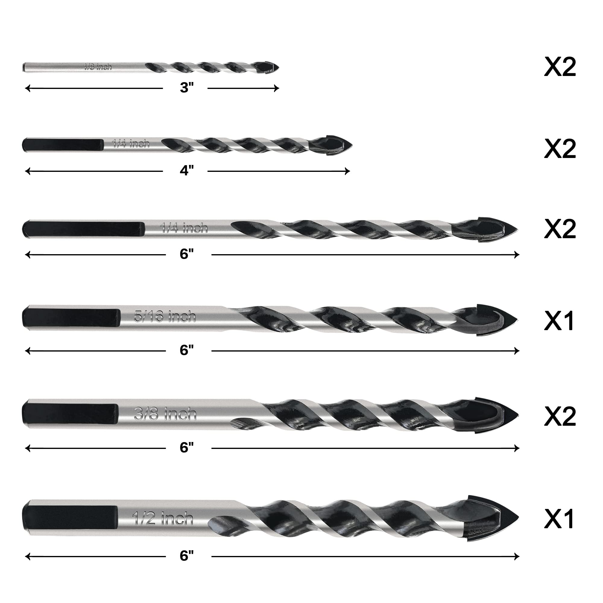 GMTOOLS 10pcs Masonry Drill Bits Set, 1/8 to 1/2" Concrete Drill Bit Set, Multi-Material Drill Bits for Brick, Tile, Cement, Ceramic, Glass, Plastic, Industrial Strength Carbide Tip with Storage Box