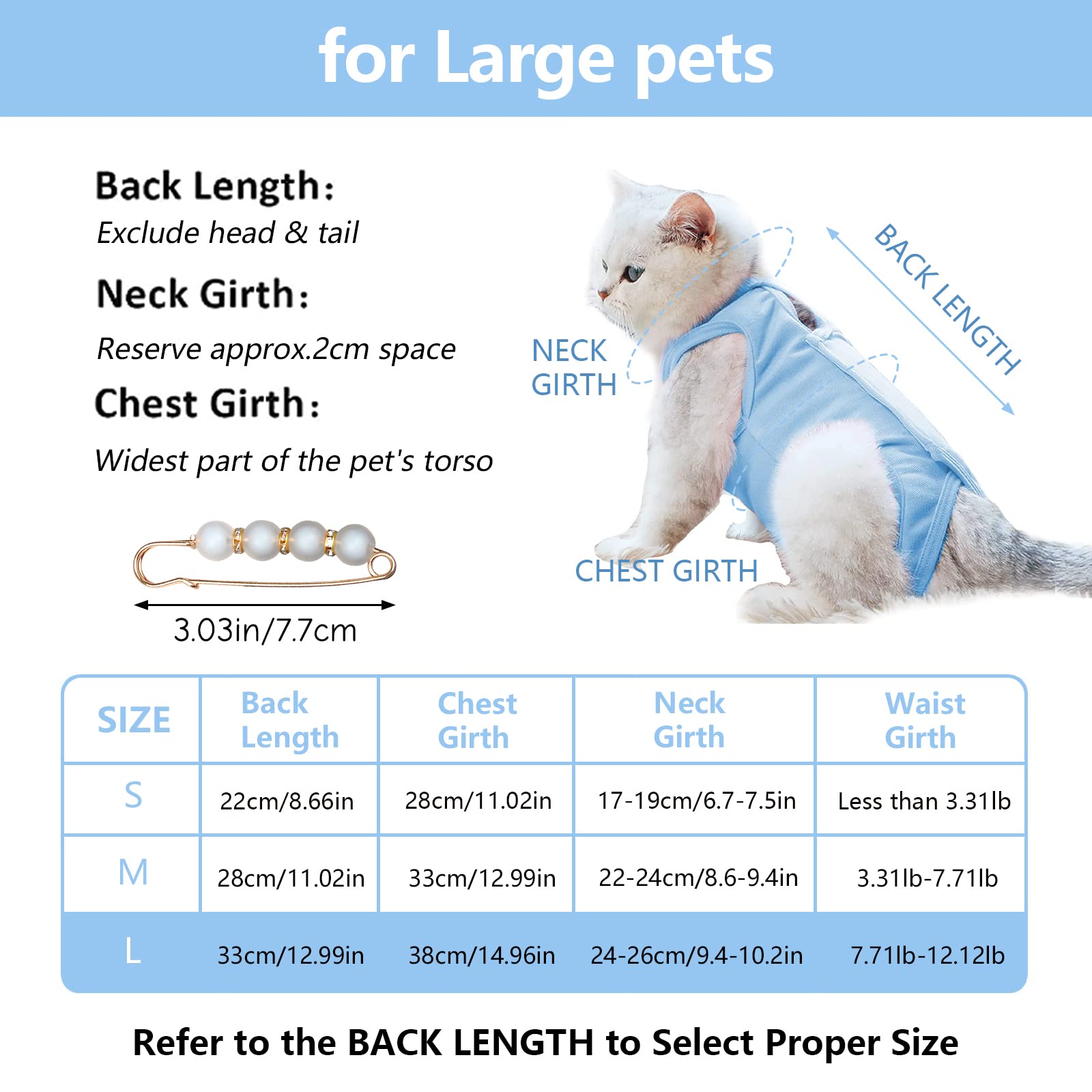 URROMA 1 Pack Blue Cat Recovery Suit, Soft Breathable Cat Recovery Clothes E-Collar Cat Wound Surgery Recovery Suit After Surgery Wear for Cats Kitten, L