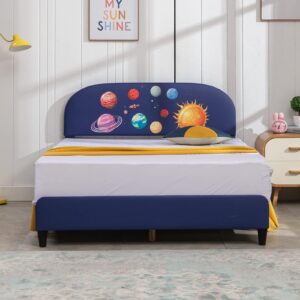 Mixoy Twin Size Kids Bed Frame, Faux Leather Upholstered Platform Bed Frame with Curved Headboard, Blue Bed Frame for Children (Twin, Space)