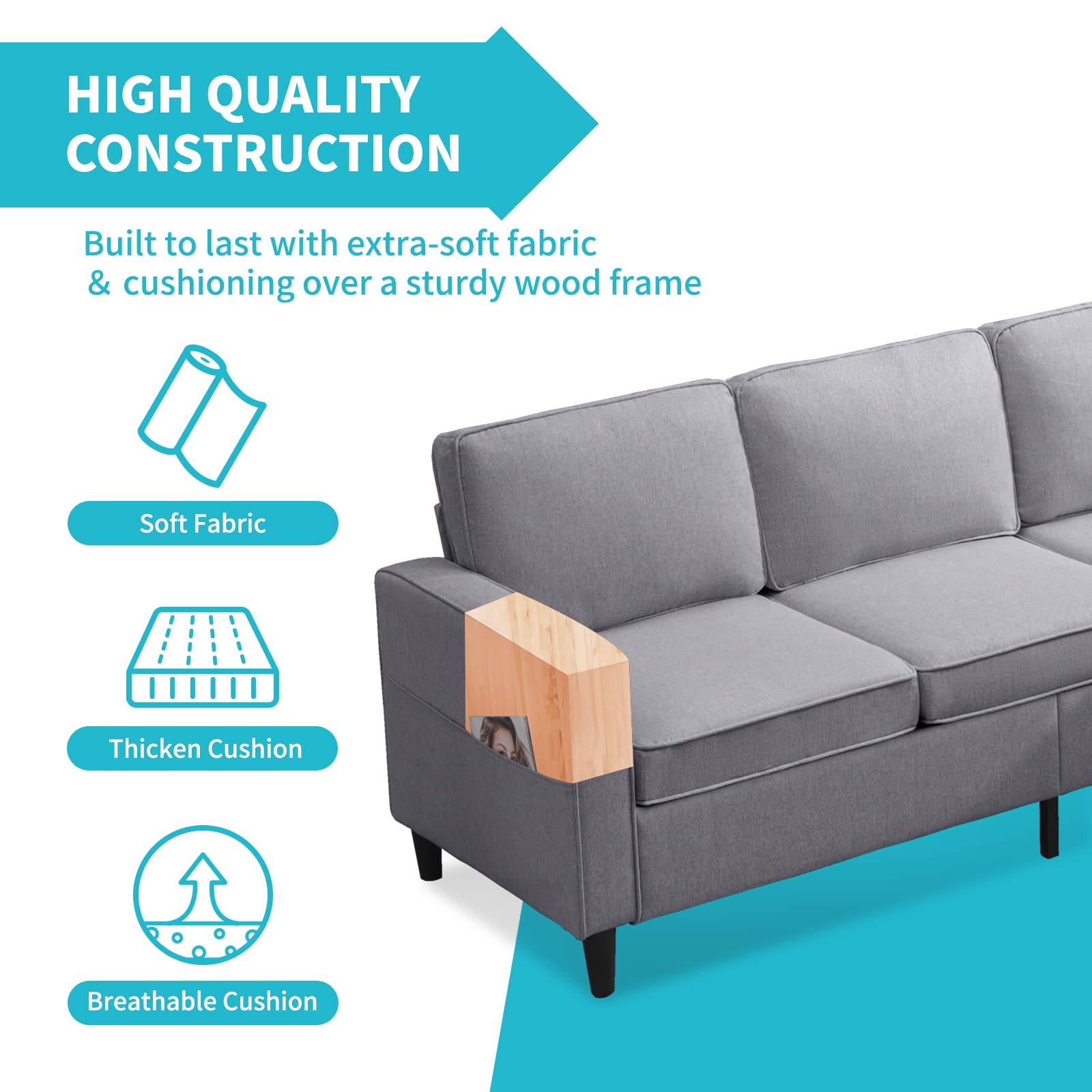 CECER 78" Convertible Sectional Sofa, L-Shaped Couch with Storage Ottoman, Modern Linen Fabric 3-seat Couche with Movable Ottoman, Chasie Lounge for Apartment/Living Room (Light Grey)