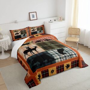 Buffalo Plaid Check Bedding Sets Cabin Camping Decor Bear Elk Deer Comforter For Kids Teens Pink Orange Blue Patchwork Duvet Insert Pike Fish Fishing Quilt Fall Leaves Down Comforter Queen 3Pcs