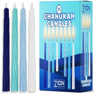 hanukkah menorah candles box of 44 multi-blue with prayer card - spiral style quality wax chanukah candles - fits most menorahs – enough for all 8 nights - bulk hanukkah candles by zion judaica