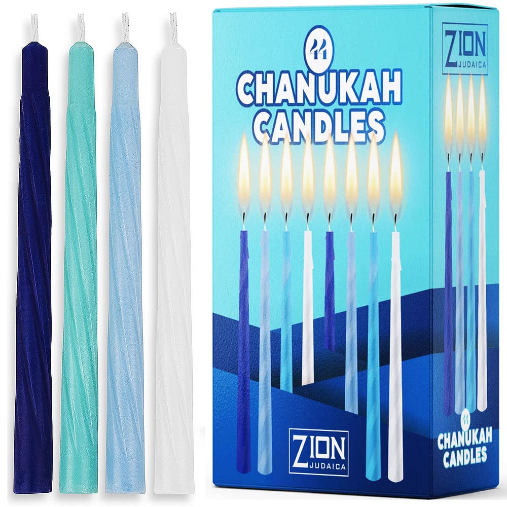 Hanukkah Menorah Candles Box of 44 Multi-Blue with Prayer Card - Spiral Style Quality Wax Chanukah Candles - Fits Most Menorahs – Enough for All 8 Nights - Bulk Hanukkah Candles by Zion Judaica