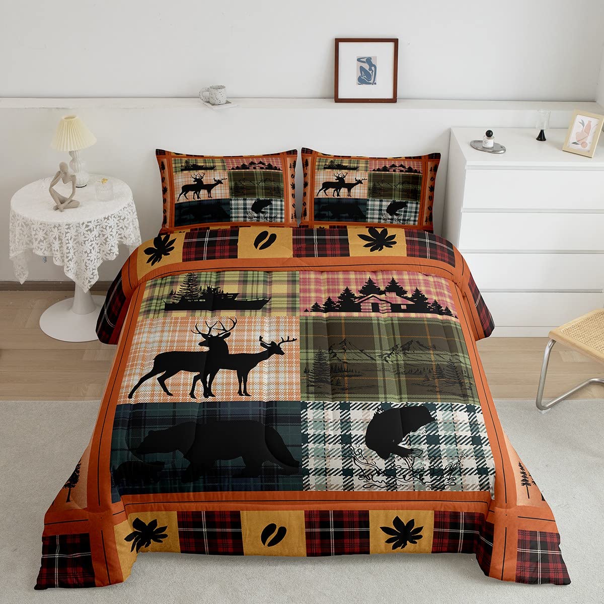 Buffalo Plaid Check Bedding Sets Cabin Camping Decor Bear Elk Deer Comforter For Kids Teens Pink Orange Blue Patchwork Duvet Insert Pike Fish Fishing Quilt Fall Leaves Down Comforter Queen 3Pcs