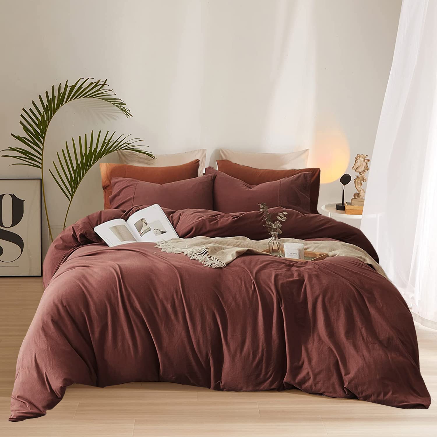 Pureant Brick Red Comforter Sets Queen Solid Dark Rust Red Bedding Comforters Modern Plain Purplish Cotton Bed Quilts Women Girls Blackish Red Warm Blankets Pure Dark Brown Red Durable Bedding Vintage