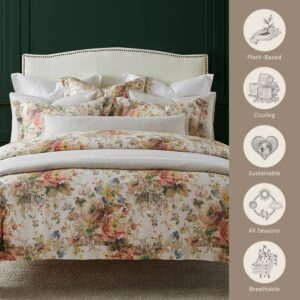 HiEnd Accents Floral Bedding Jardin Lyocell 3 Piece Queen Duvet Cover Set, Cottage Garden Botanical Rose Print Bed Set, Women Girls Soft Silky Flower Comforter Cover with Pillow Shams