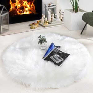 HYSEAS 2 Pack Faux Sheepskin Fur Area Rug, White 3x3 Feet Round Fluffy Soft Fuzzy Plush Shaggy Carpet Throw Rug for Indoor Floor, Sofa, Chair, Bedroom, Living Room, Home Decoration