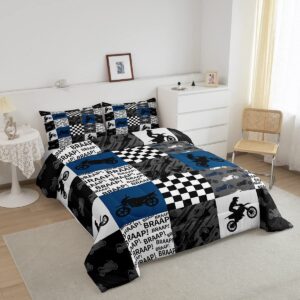 Castle Fairy,Dirt Bike Comforter Set Twin Size Black Grey Blue Motocross Rider Bedding Set Kids Boys Teens Men Racing Themed Patchwork Grid Quilt Set Fashion Motorcycle Silhouette Duvet Insert 2pcs