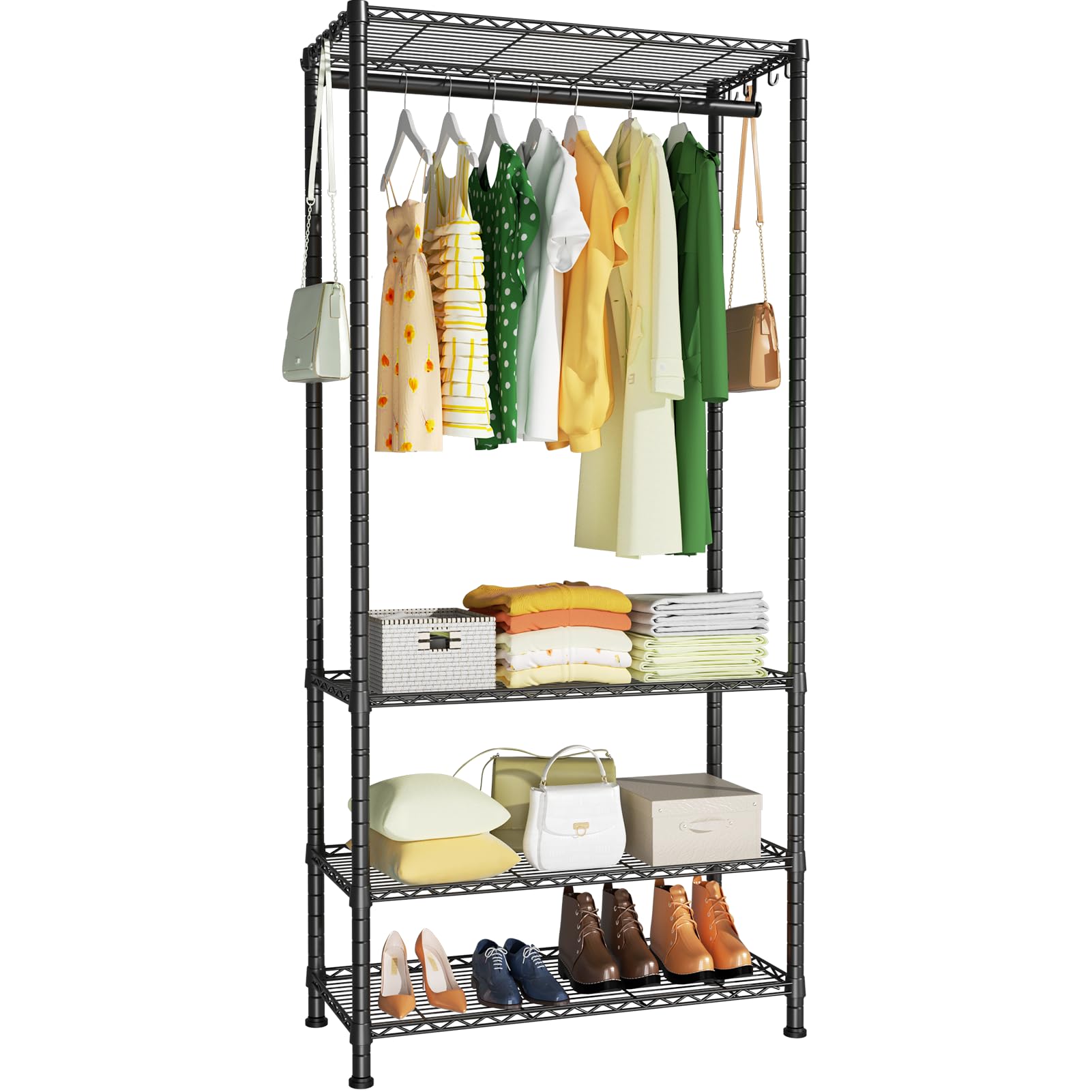 Ulif H1 Portable Closets, 4-Tier Freestanding Metal Garment Rack and Clothes Storage Wardrobe, Suitable for Bedroom, Apartment, Cloakroom, 25.6" W x 15.7" D x 72.8" H, Black