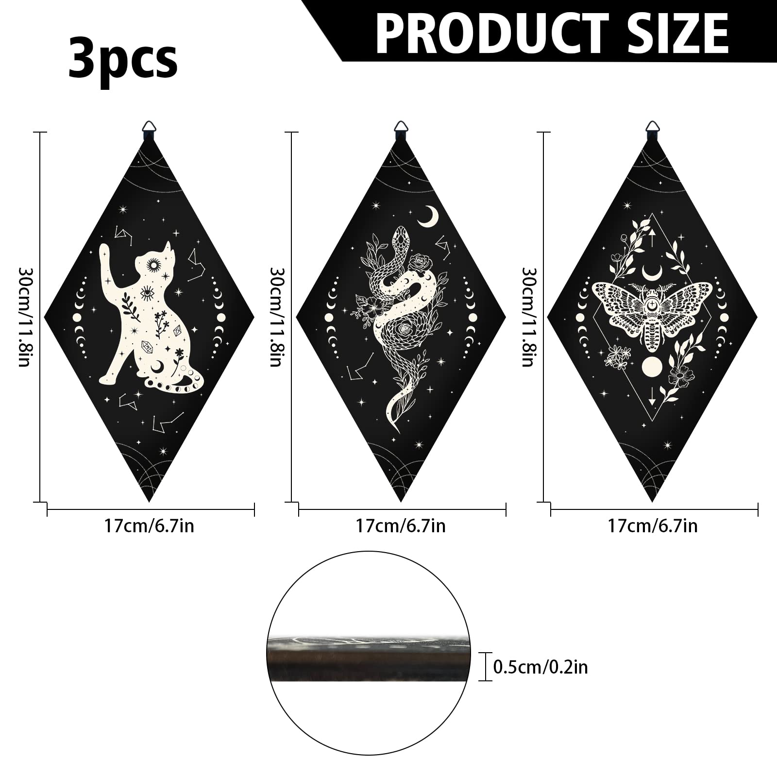 CRASPIRE Wooden Wall Decorations Boho 3pcs Black Wooden Pendulum Board Cats Snakes Moths Wall Hanging Ornament Rhombus Wall Art with Tarot Patterns for Witchcraft Wiccan Altar Supplies Home Gallery