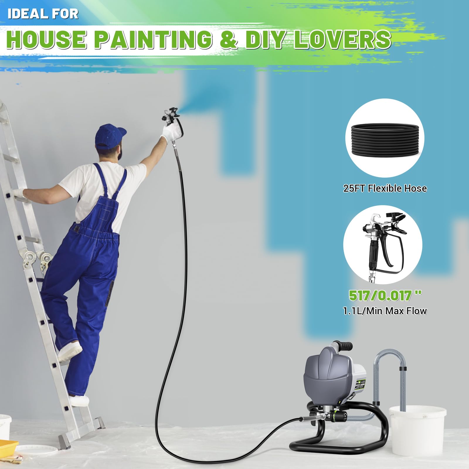 PHALANX Airless Paint Sprayer, 7/8HP 780W High Efficiency Airless Stand Sprayer, 3000PSI Electric Paint Sprayer with Cleaning Kits for Painting Home Interior Exterior Walls, Ceiling, Fence, Cabinet