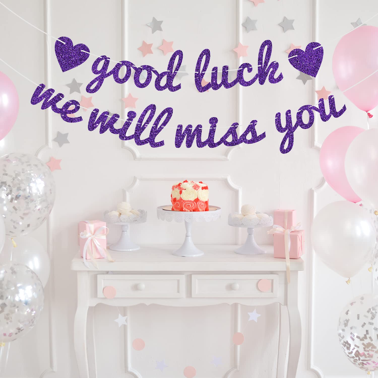 Purple Glitter Good Luck We Will Miss You Banner, Farewell Party Decorations, Graduation/Going Away/Retirement Party Decorations Supplies