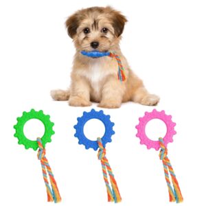 cobee puppy teething toys with cotton ropes, 3 pcs cute sun-shaped chew toys for dog oral teeth soothe itching 360° clean pet teeth interactive pet chew ring for small/medium dogs(green, pink, blue)