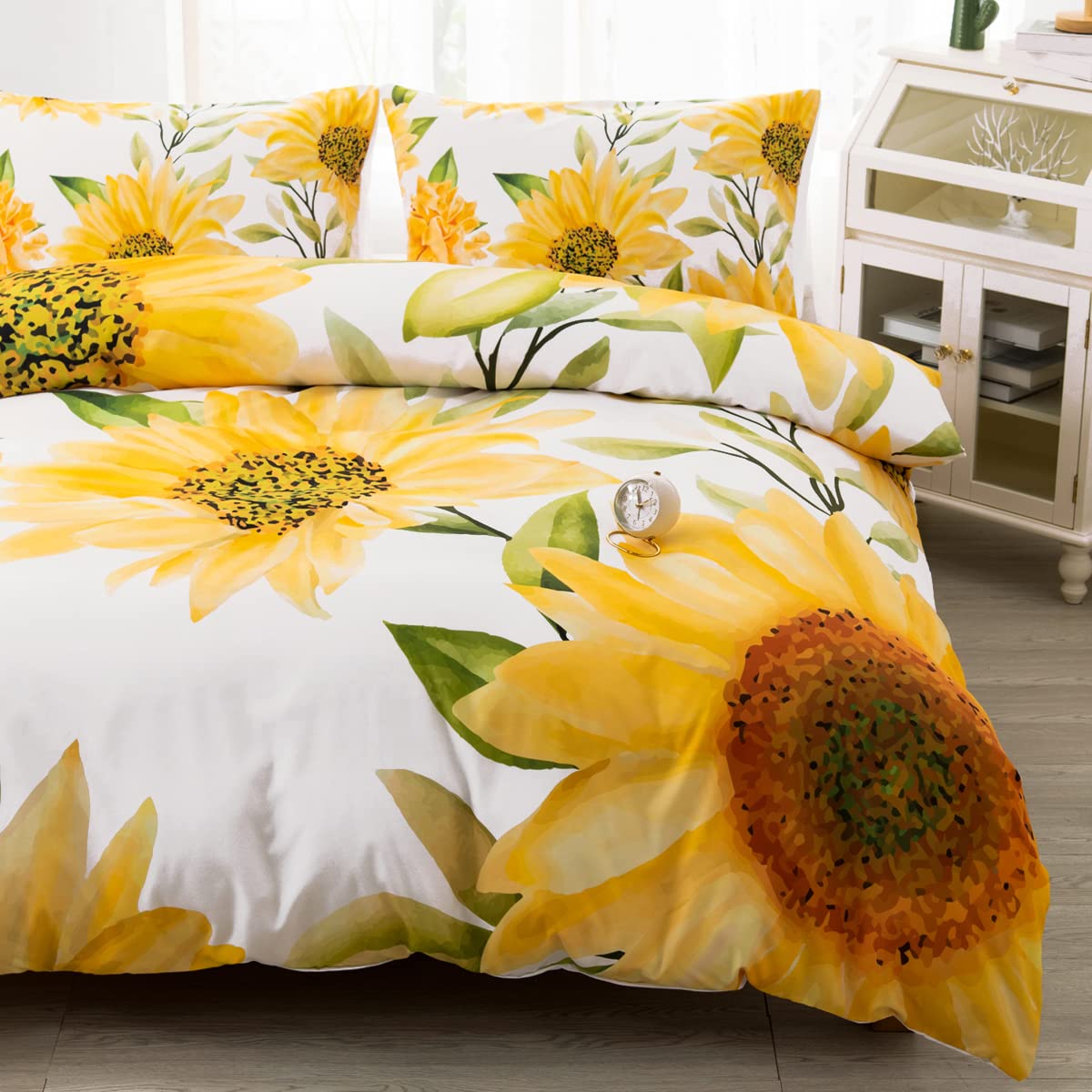 CVHOUSE Sunflower Bedding Queen Size,Garden Floral Set for Girls Kids Teens,Aesthetic Farmhouse Comforter Cover Soft,1 Duvet 2 Pillowcases,Girls Room Decor Queen 89'x89'