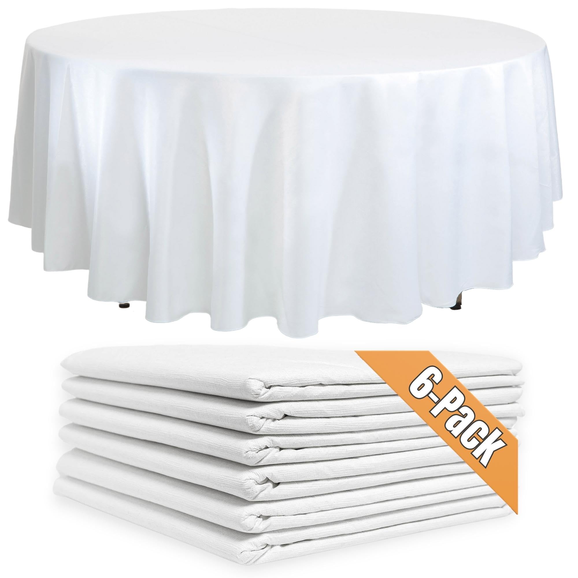 6-Pack White Round Paper Tablecloths – 82in Paper Table Cloths for Parties Disposable – Linen Like Disposable White Tablecloth Round Cover with Plastic Backing