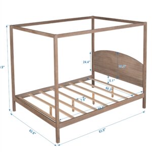 JULYFOX Natural Wood Bed Frame Queen Size Canopy, Solid Wood Canopy Platform Bed Queen with Headboard 550 lbs Heavy Duty Design No Box Spring Needed(Natural Wood,Queen)