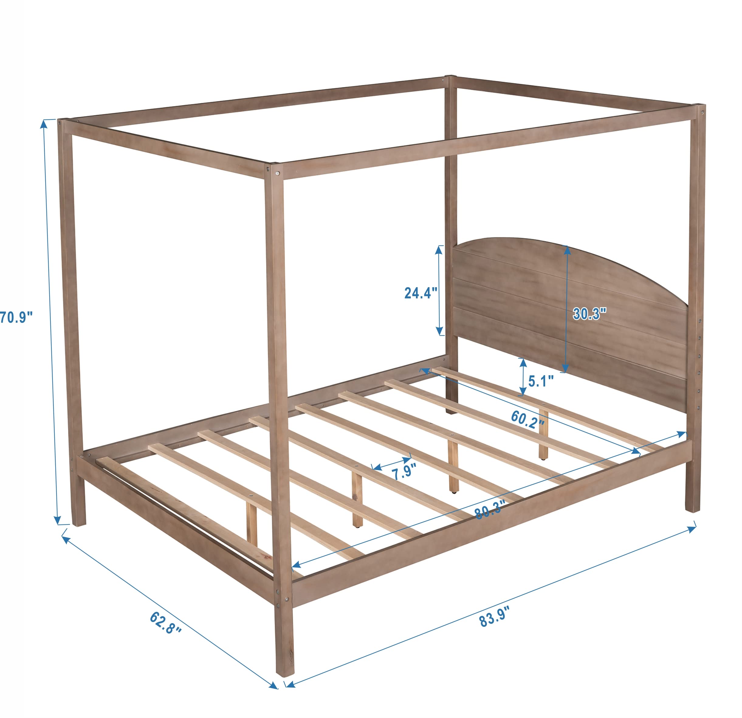 JULYFOX Natural Wood Bed Frame Queen Size Canopy, Solid Wood Canopy Platform Bed Queen with Headboard 550 lbs Heavy Duty Design No Box Spring Needed(Natural Wood,Queen)