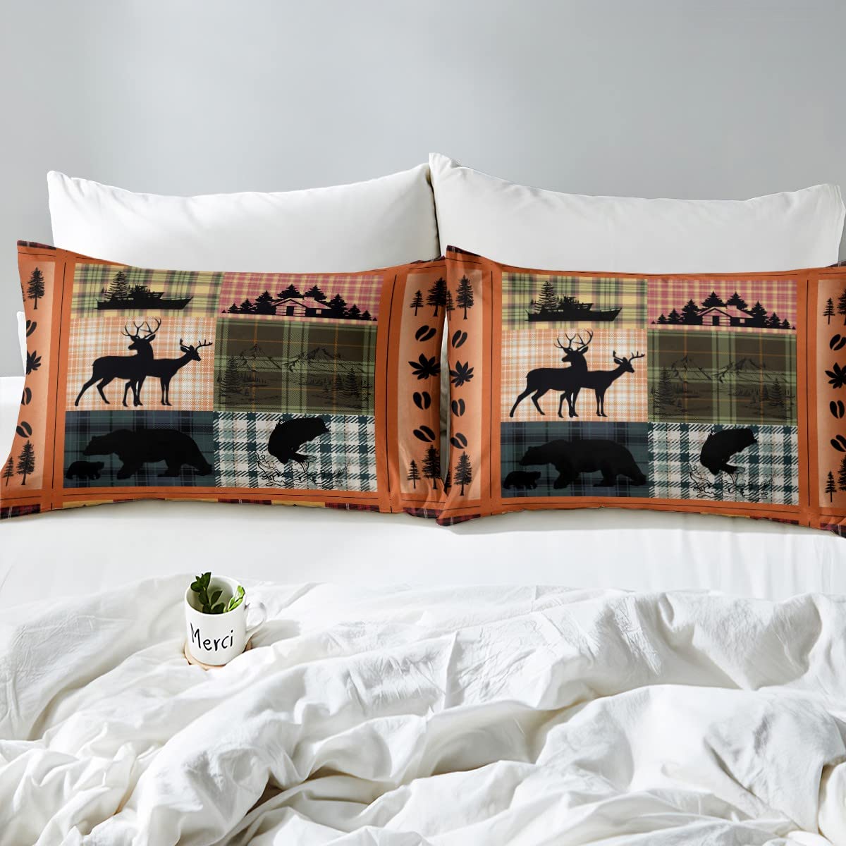 Buffalo Plaid Check Bedding Sets Cabin Camping Decor Bear Elk Deer Comforter For Kids Teens Pink Orange Blue Patchwork Duvet Insert Pike Fish Fishing Quilt Fall Leaves Down Comforter Queen 3Pcs