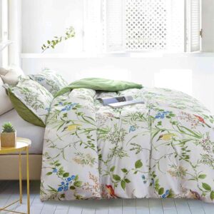 Nanko King Size Duvet Cover Set, Green Floral/Flower Leaf Bird Print Pattern, 3pc 104x90 Microfiber Comforter Quilt Bedding Cover with Zip Ties - Spring Modern Farmhouse for Men and Women Teen Girl