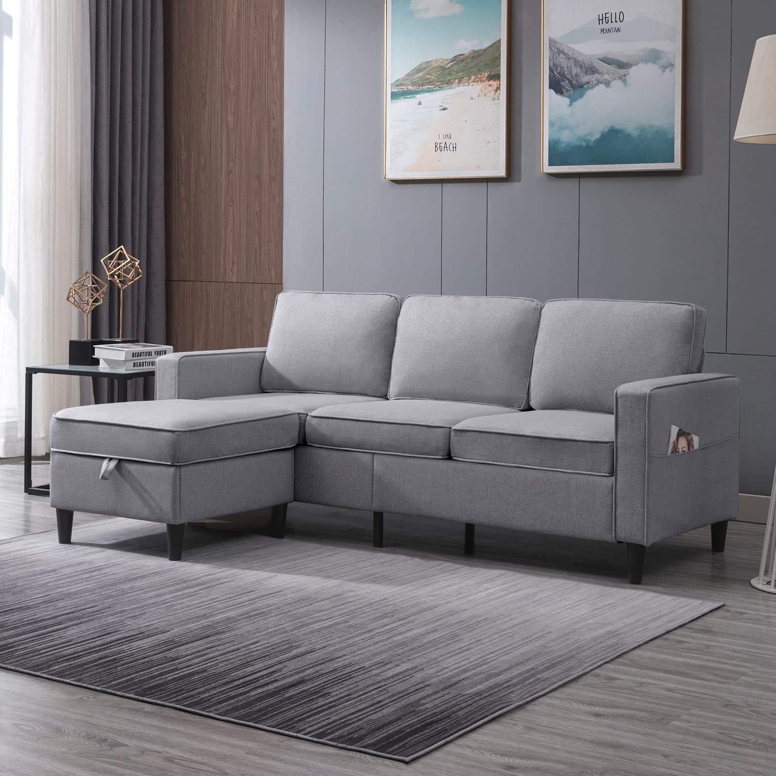 CECER 78" Convertible Sectional Sofa, L-Shaped Couch with Storage Ottoman, Modern Linen Fabric 3-seat Couche with Movable Ottoman, Chasie Lounge for Apartment/Living Room (Light Grey)