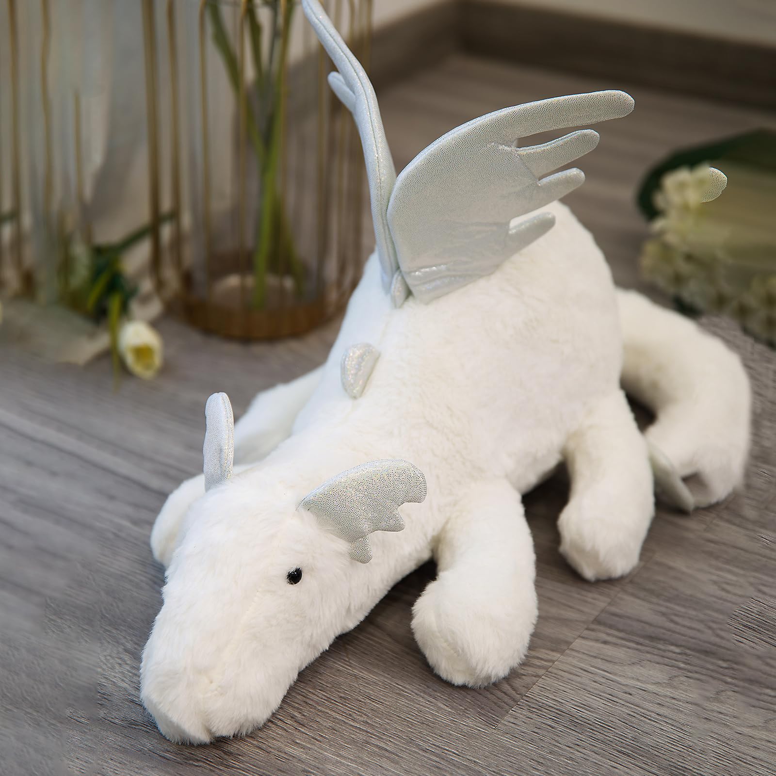 Muimray Snow Dragon Stuffed Animal, 24in Dragon Pterosaur Plush Toy with Tiny Wings, Lovely Pterosaur Doll Pillow, Dinosaur Stuffed Animal for Baby Kids (White, 24inch)