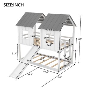 MERITLINE Twin Over Twin Bunk Beds with Slide, House Bunk Bed for Kids with Roof and Windows,Wood Floor Bunk Beds with Guard Rails, Toddlers Bunk Beds for Girls Boys (White)