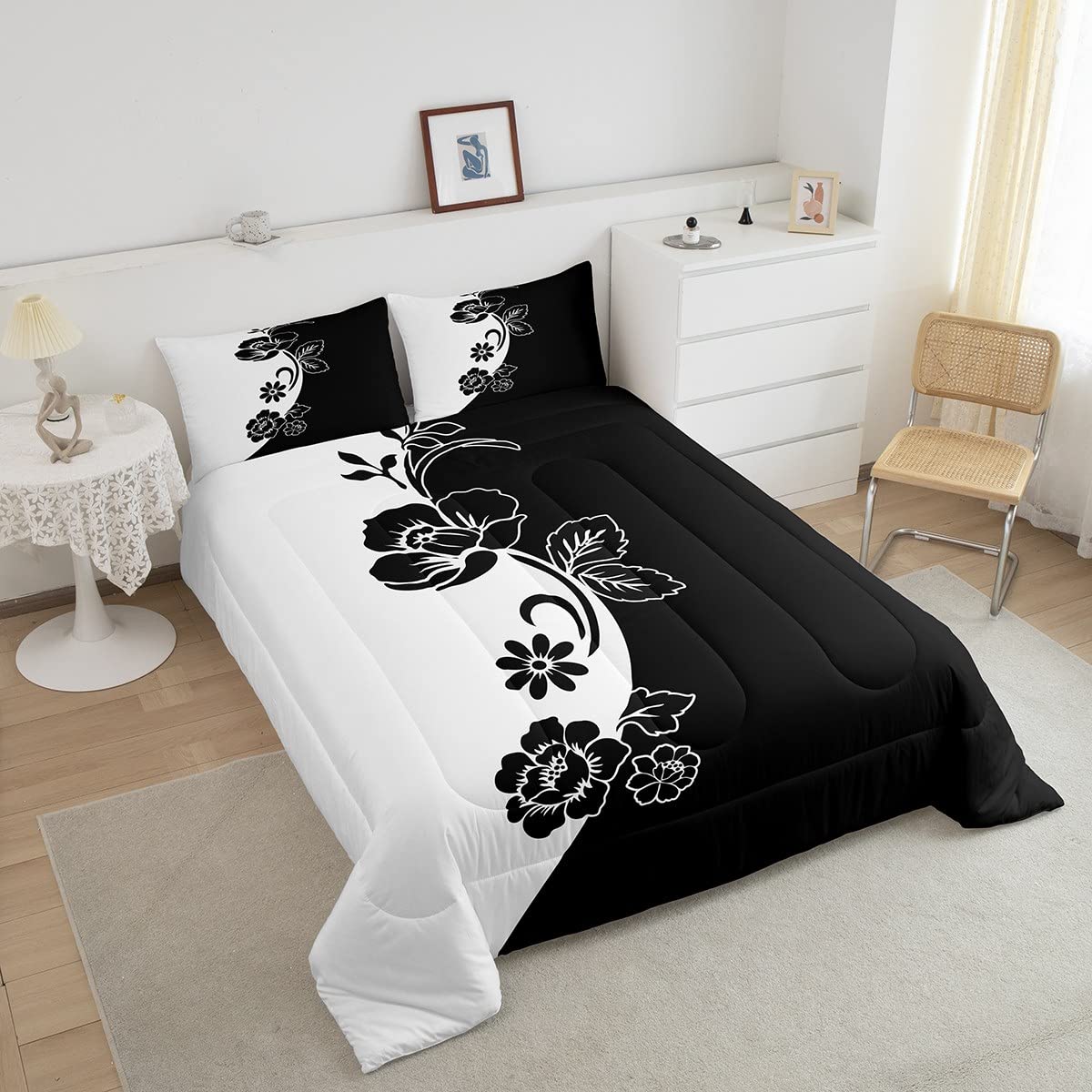 Castle Fairy Black and White Comforter Set,Modern Floral Bedding Set for Kids Girls Women,Adults Abstract Art Comforter,Yin and Yang Quilted Duvet Set Bedroom Collection Twin Size 2Pcs