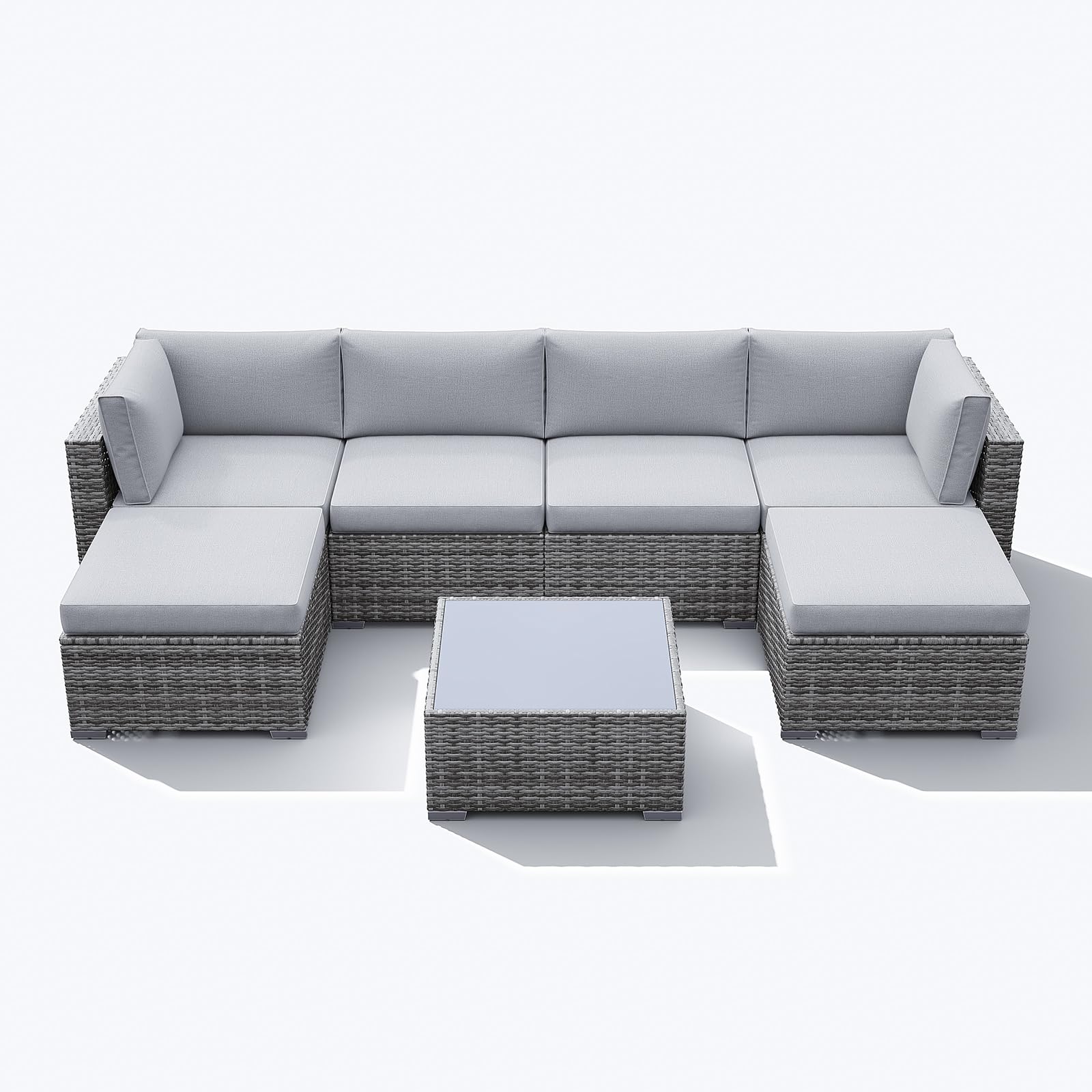 Patiorama 7 Piece Outdoor Furniture, All Weather Grey Wicker Sectional Sofa Set with Corner Sofa Chair Ottoman Table, Light Grey