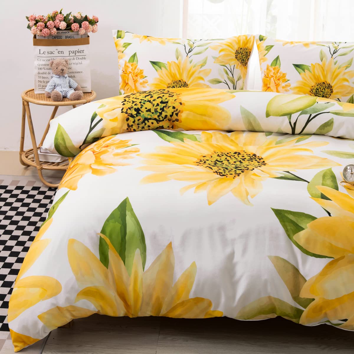 CVHOUSE Sunflower Bedding Queen Size,Garden Floral Set for Girls Kids Teens,Aesthetic Farmhouse Comforter Cover Soft,1 Duvet 2 Pillowcases,Girls Room Decor Queen 89'x89'