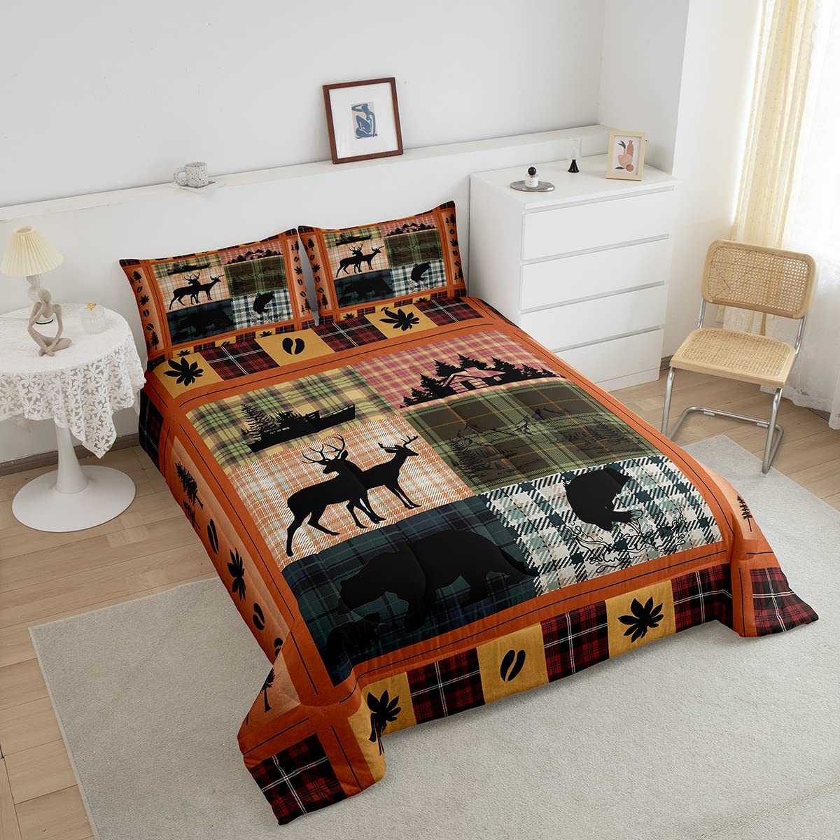 Buffalo Plaid Check Bedding Sets Cabin Camping Decor Bear Elk Deer Comforter For Kids Teens Pink Orange Blue Patchwork Duvet Insert Pike Fish Fishing Quilt Fall Leaves Down Comforter Queen 3Pcs