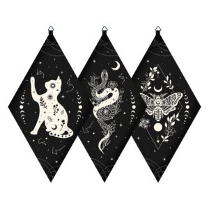 craspire wooden wall decorations boho 3pcs black wooden pendulum board cats snakes moths wall hanging ornament rhombus wall art with tarot patterns for witchcraft wiccan altar supplies home gallery