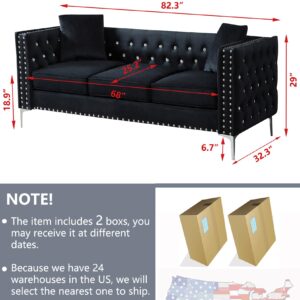 Velvet Sofa for Living Room,82.3" Jeweled Buttons Tufted Square Arm Couch,Modern Couch Upholstered Button and Metal Legs,Sofa Couch with 2 Pillows for Bedroom (Black+Velvet, 82.3 L*32.3 W*29.1 H)