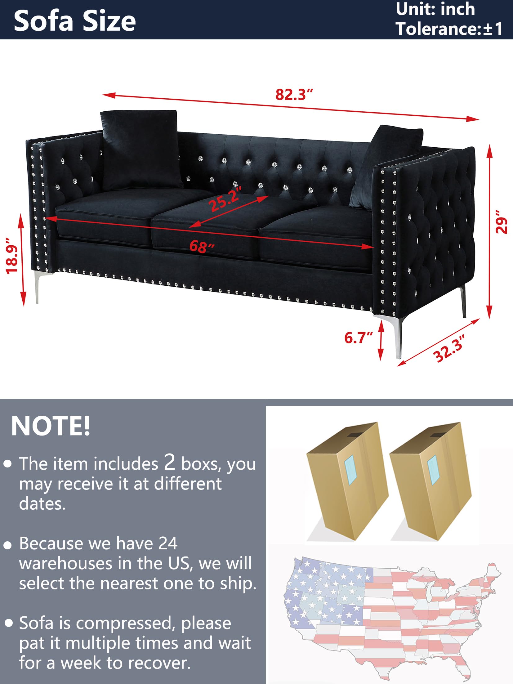 Velvet Sofa for Living Room,82.3" Jeweled Buttons Tufted Square Arm Couch,Modern Couch Upholstered Button and Metal Legs,Sofa Couch with 2 Pillows for Bedroom (Black+Velvet, 82.3 L*32.3 W*29.1 H)